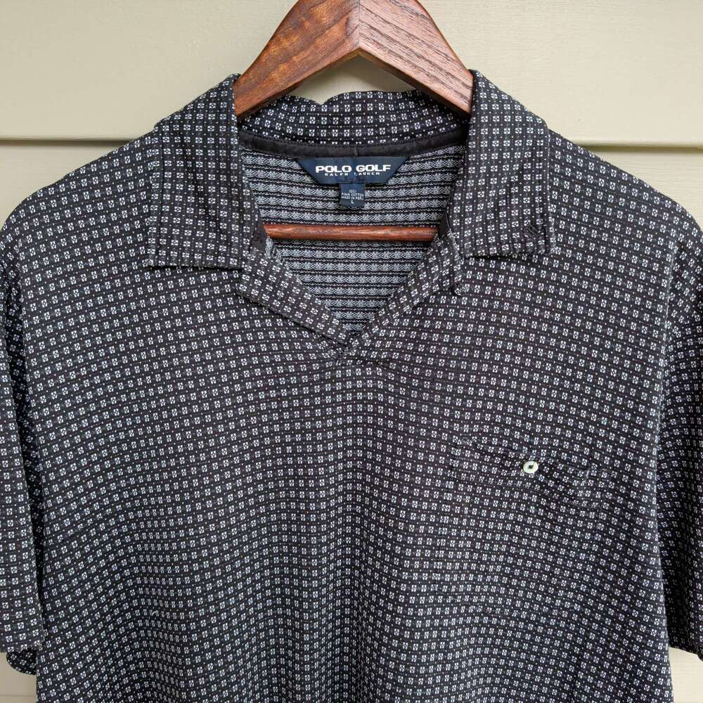 Polo Golf Ralph Lauren Camp Collar Shirt Mens L Black Print Pima Cotton